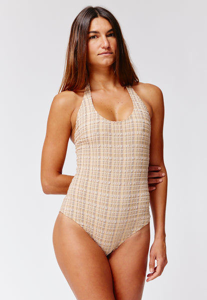 THE AMBER MAILLOT in NATURAL & SAND STRIPED SEERSUCKER