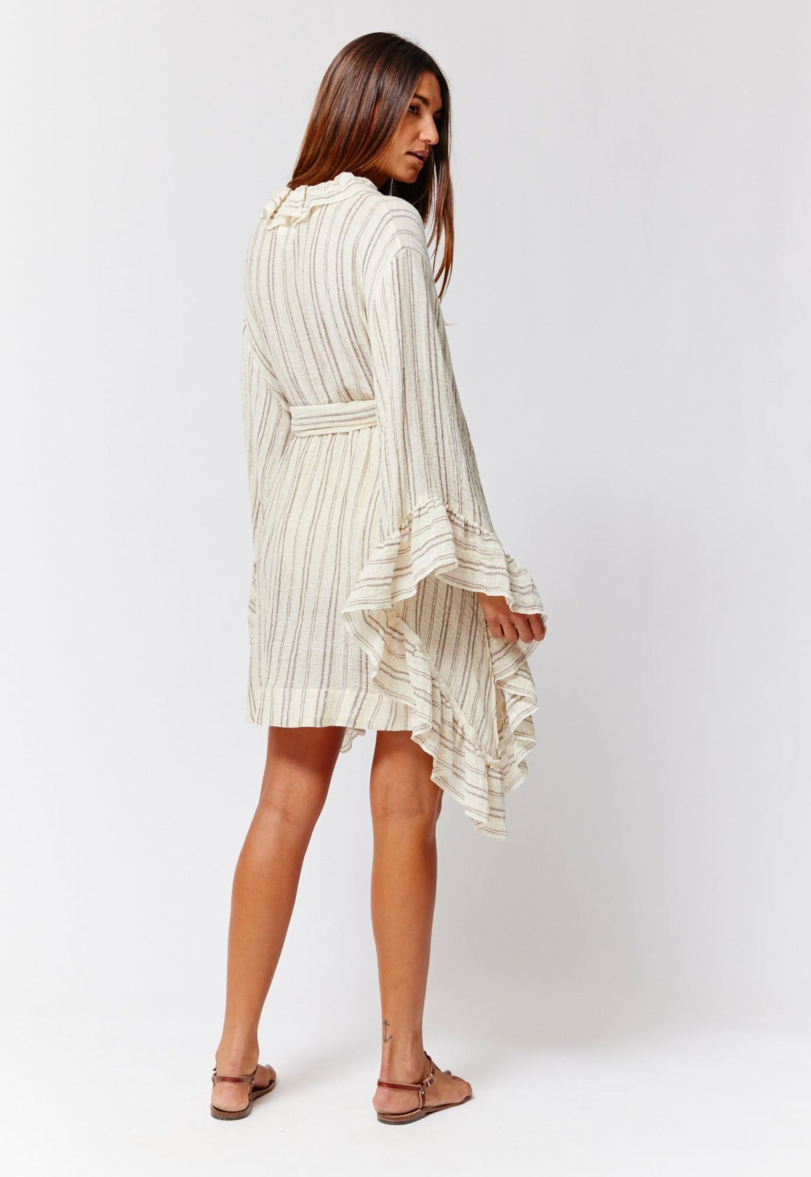 Lisa Marie Fernandez Anita Ruffle Linen Blend Cover-Up ROBE in Natural Brown Striped Lisa Marie Fernandez Anita Ruffle Linen Blend Cover-Up ROBE in Natural Brown Striped