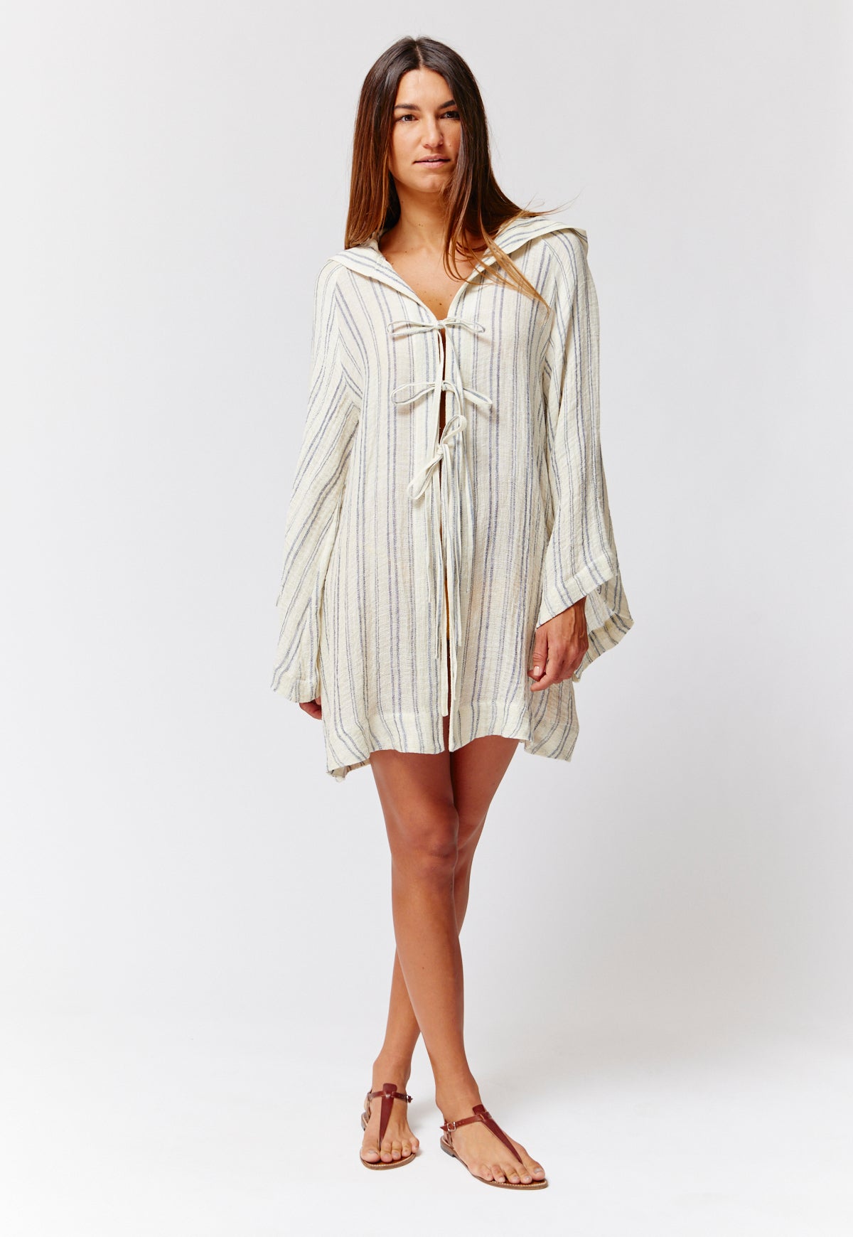 THE BEACH CAPE in NATURAL & NAVY STRIPED CHIOS GAUZE
