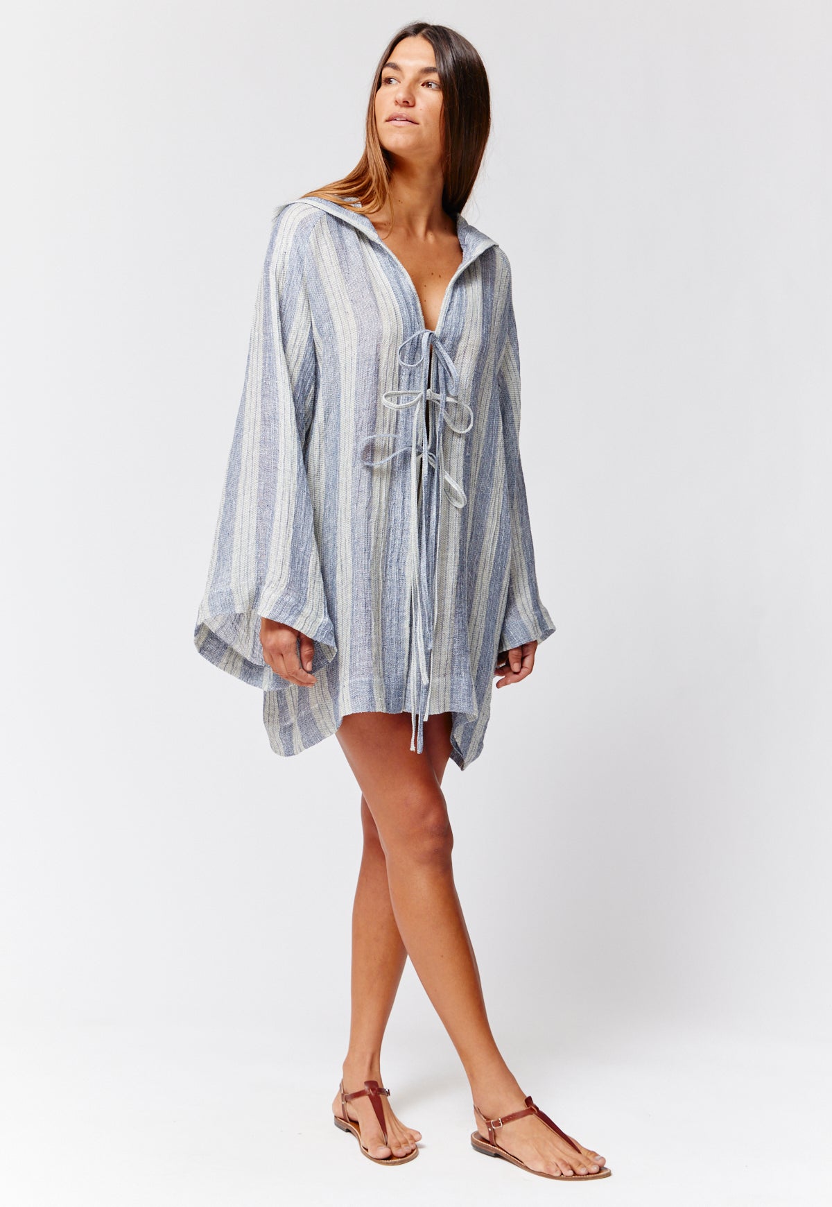 THE BEACH CAPE in NAVY & NATURAL STRIPED CHIOS GAUZE