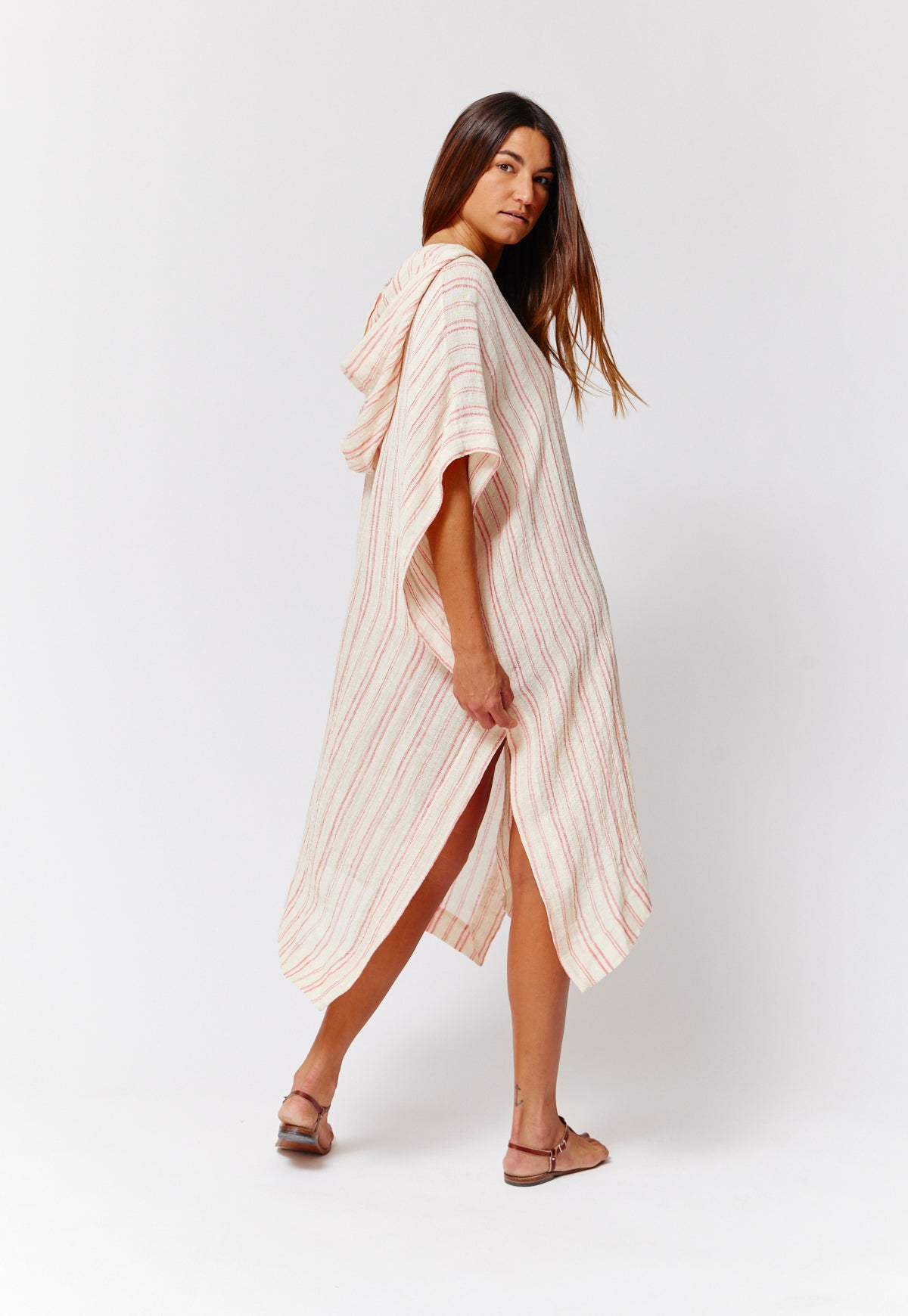 THE BEACH PONCHO in NATURAL & TOMATO STRIPED CHIOS GAUZE