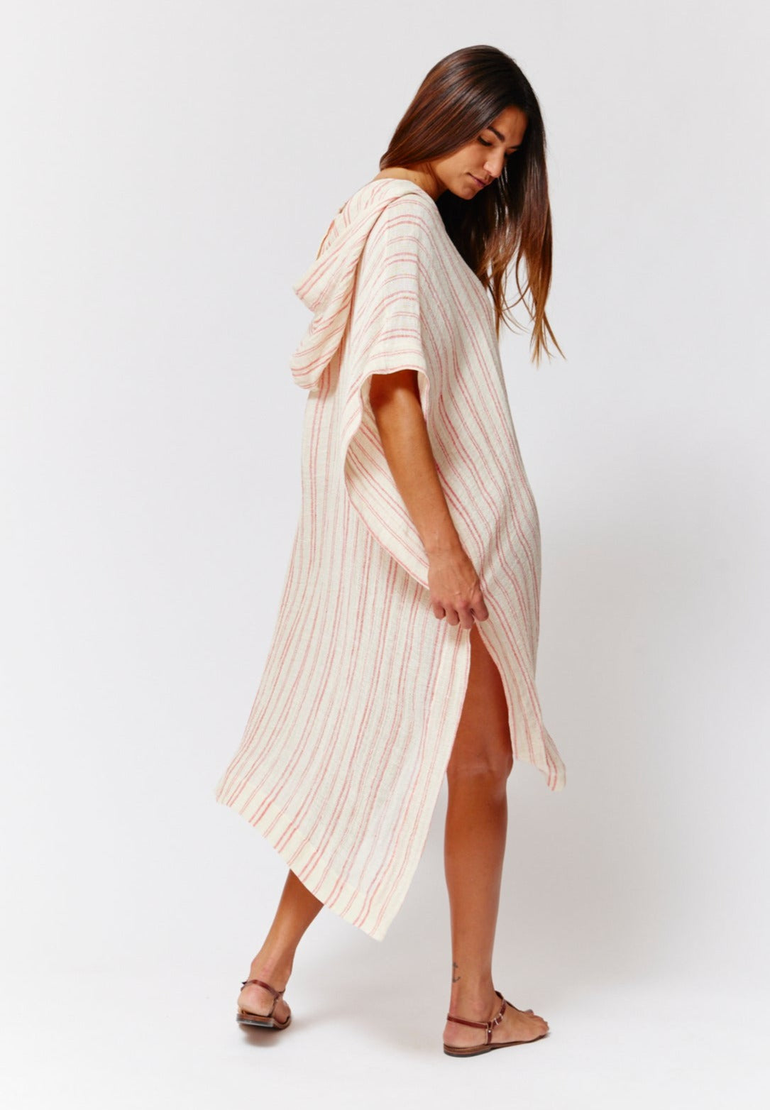 THE BEACH PONCHO in NATURAL & TOMATO STRIPED CHIOS GAUZE