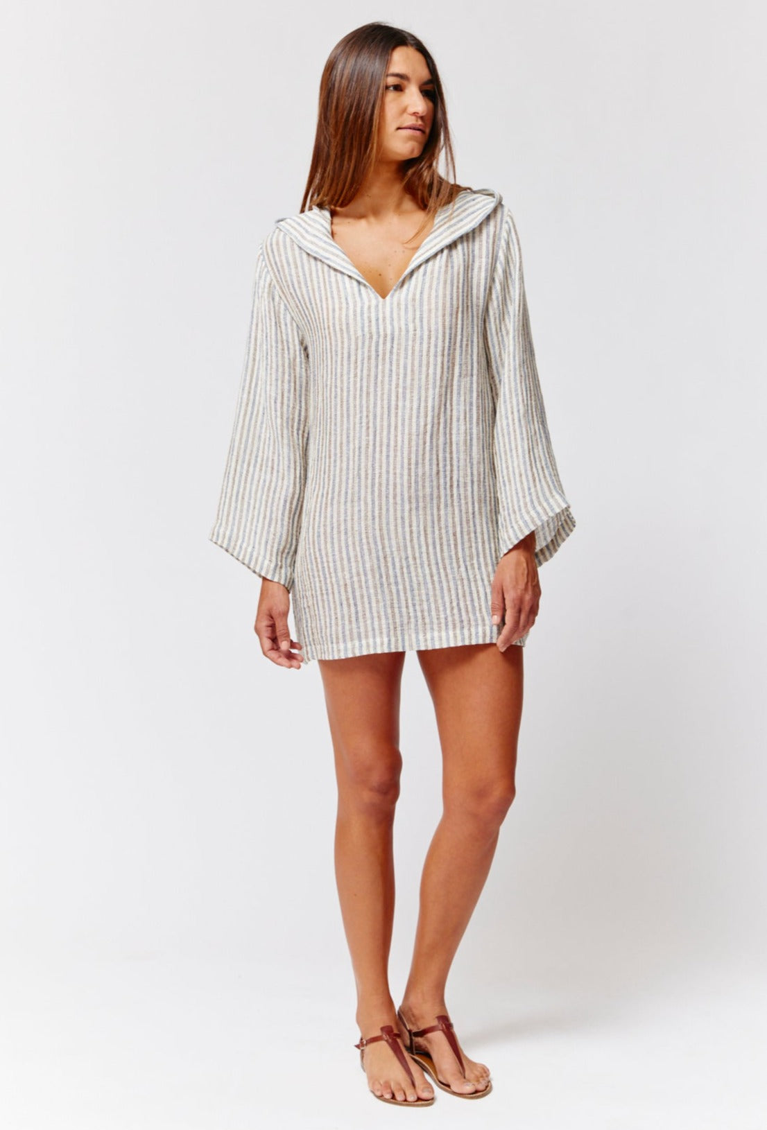 THE BEACH TUNIC in NATURAL/NAVY/BROWN STRIPED CHIOS GAUZE