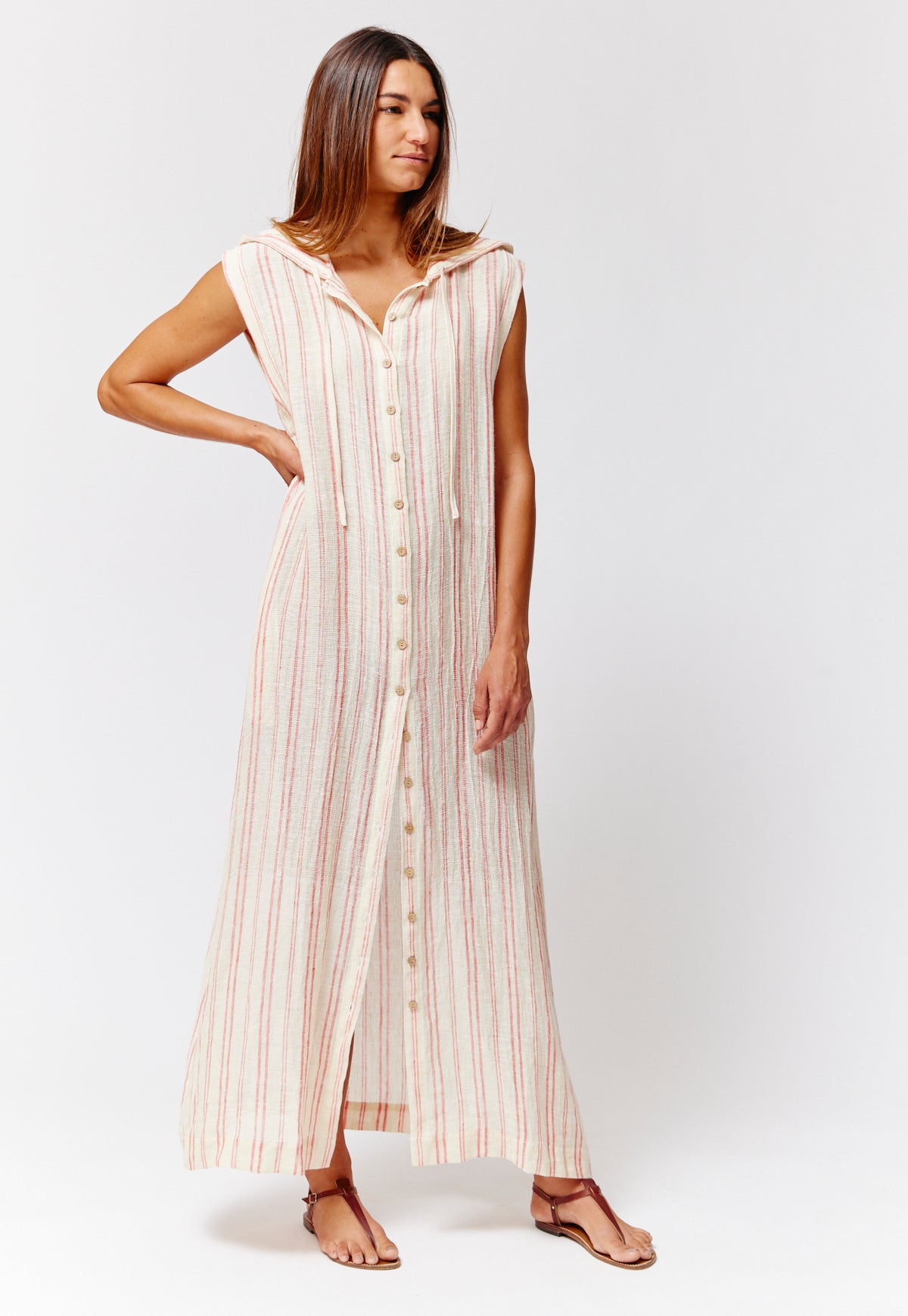THE CAFTAN SHIRT DRESS in NATURAL & TOMATO CHIOS STRIPED GAUZE