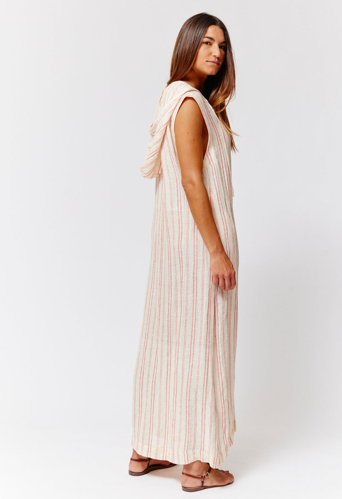 THE CAFTAN SHIRT DRESS in NATURAL & TOMATO CHIOS STRIPED GAUZE