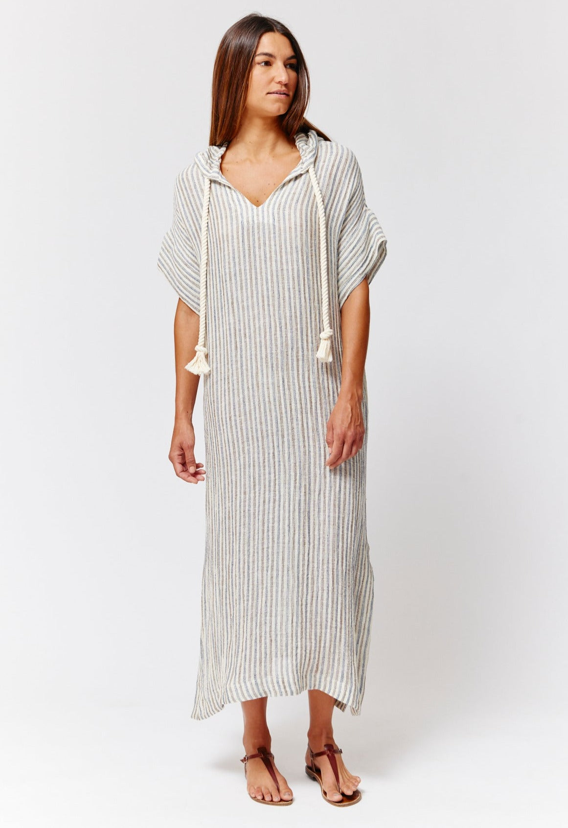 THE DRAWSTRING HOODED CAFTAN in NATURAL/NAVY/BROWN STRIPED CHIOS GAUZE