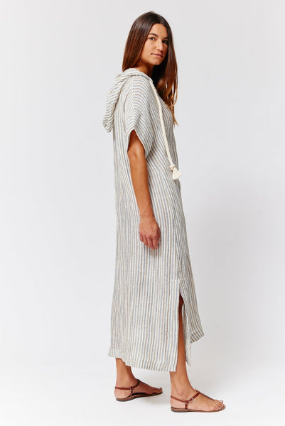 THE DRAWSTRING HOODED CAFTAN in NATURAL/NAVY/BROWN STRIPED CHIOS GAUZE