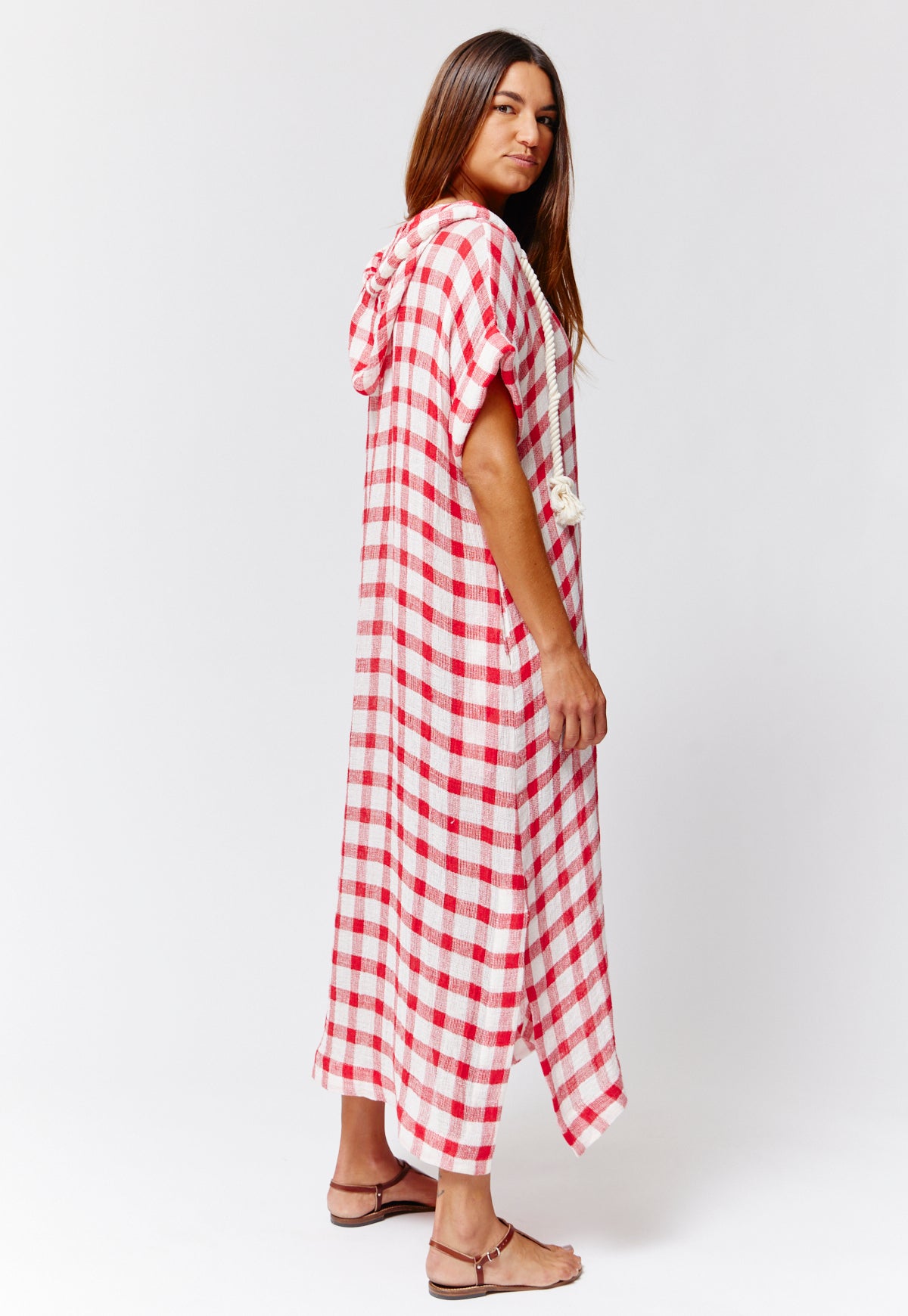 THE DRAWSTRING HOODED CAFTAN in TOMATO GINGHAM CHIOS GAUZE