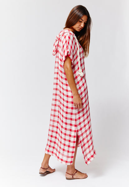 THE DRAWSTRING HOODED CAFTAN in TOMATO GINGHAM CHIOS GAUZE