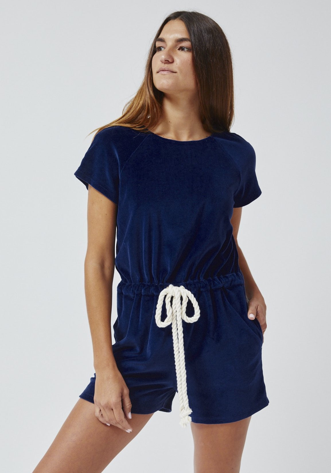 THE TENNIS ROMPER in NAVY TERRY CLOTH VELOUR