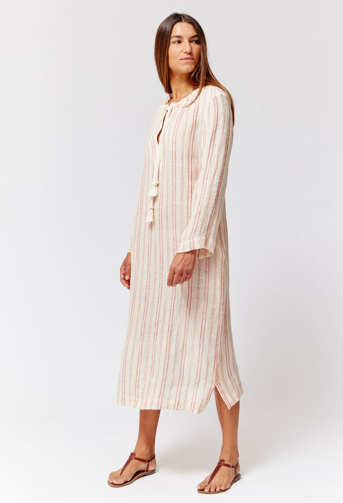 THE DRAWSTRING TUNIC in NATURAL & TOMATO STRIPED CHIOS GAUZE