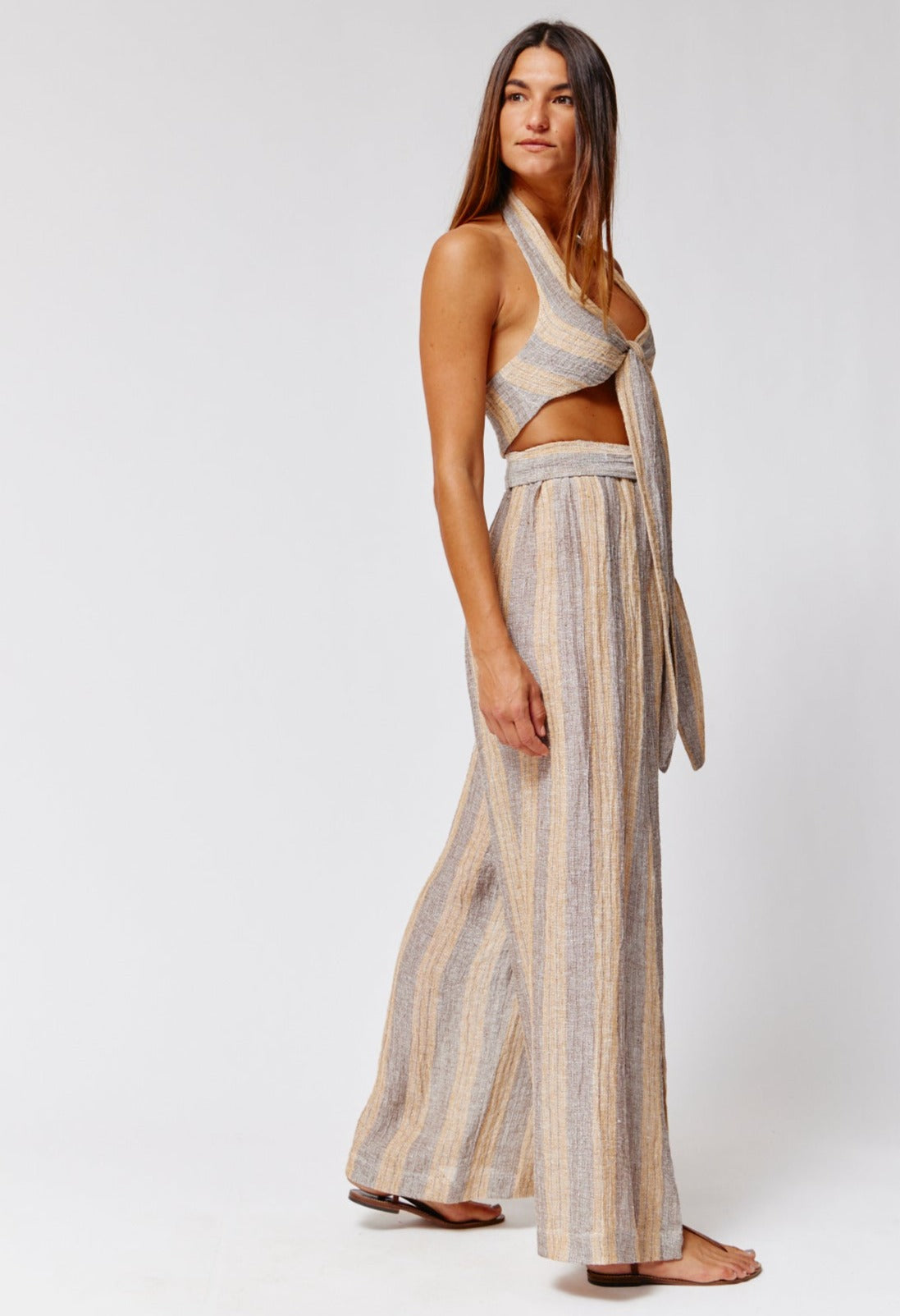 THE FARRAH HALTER TIE TOP in SIENA & NATURAL STRIPED CHIOS GAUZE