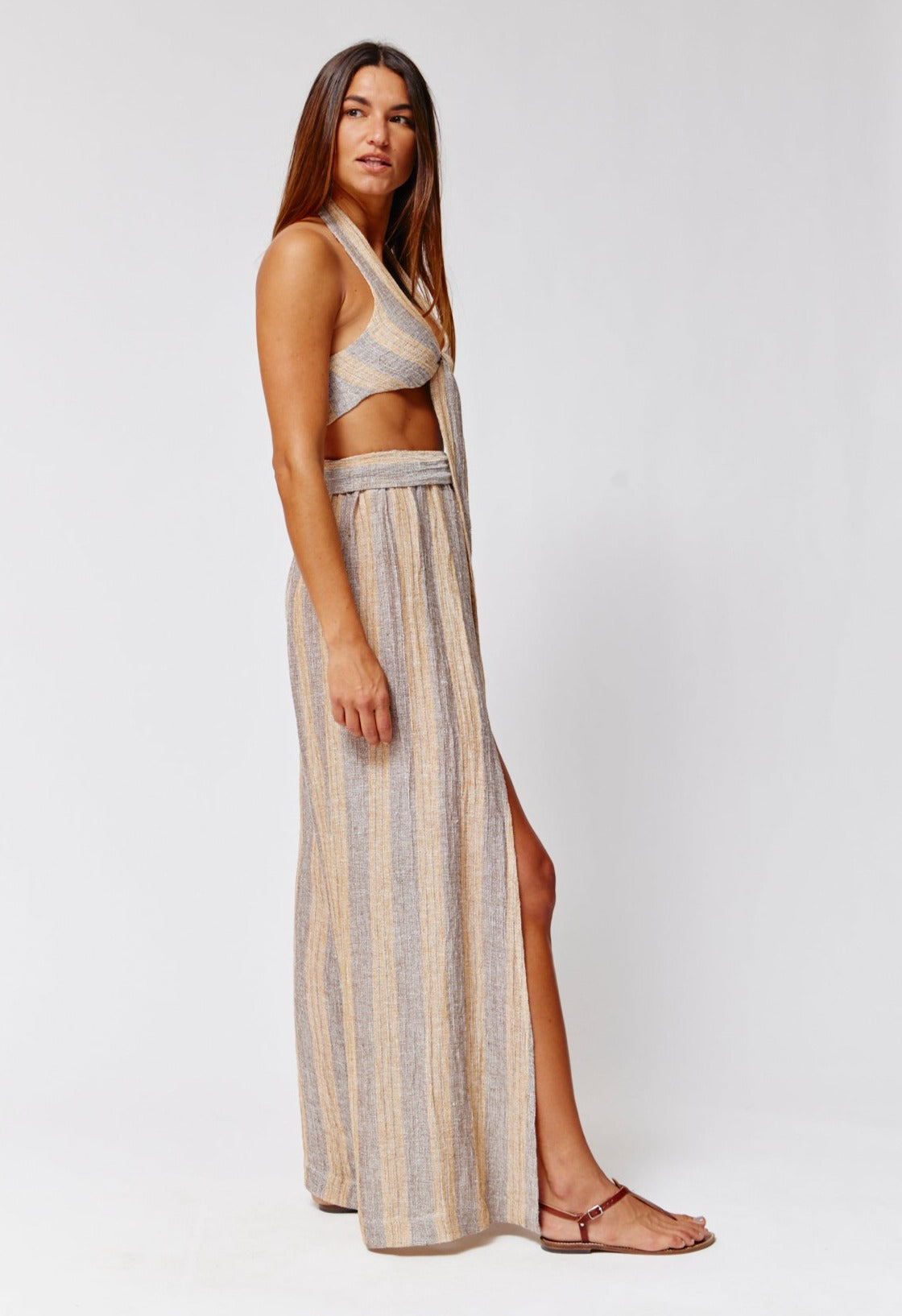 THE FARRAH WRAP PANT in SIENA & NATURAL STRIPED CHIOS GAUZE