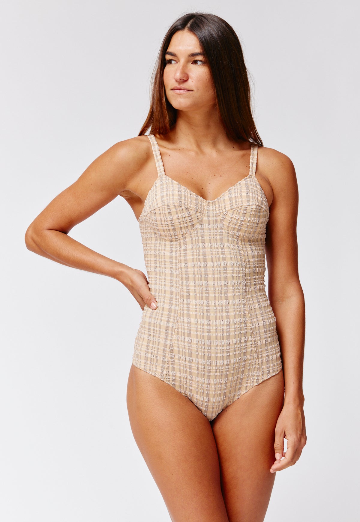 THE GOLDWYN MAILLOT in NATURAL & SAND STRIPED SEERSUCKER