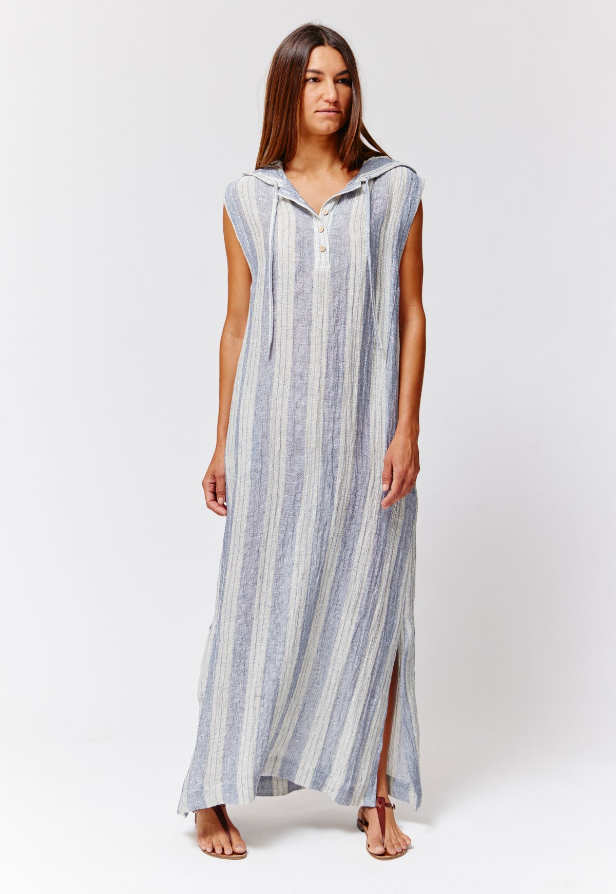 THE HENLEY CAFTAN in NAVY & NATURAL STRIPED CHIOS GAUZE