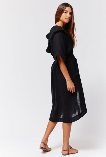 THE HOODED DRESSING GOWN in BLACK ORGANIC GAUZE