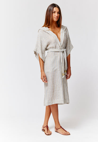 THE HOODED DRESSING GOWN in NATURAL/NAVY/BROWN STRIPED CHIOS GAUZE