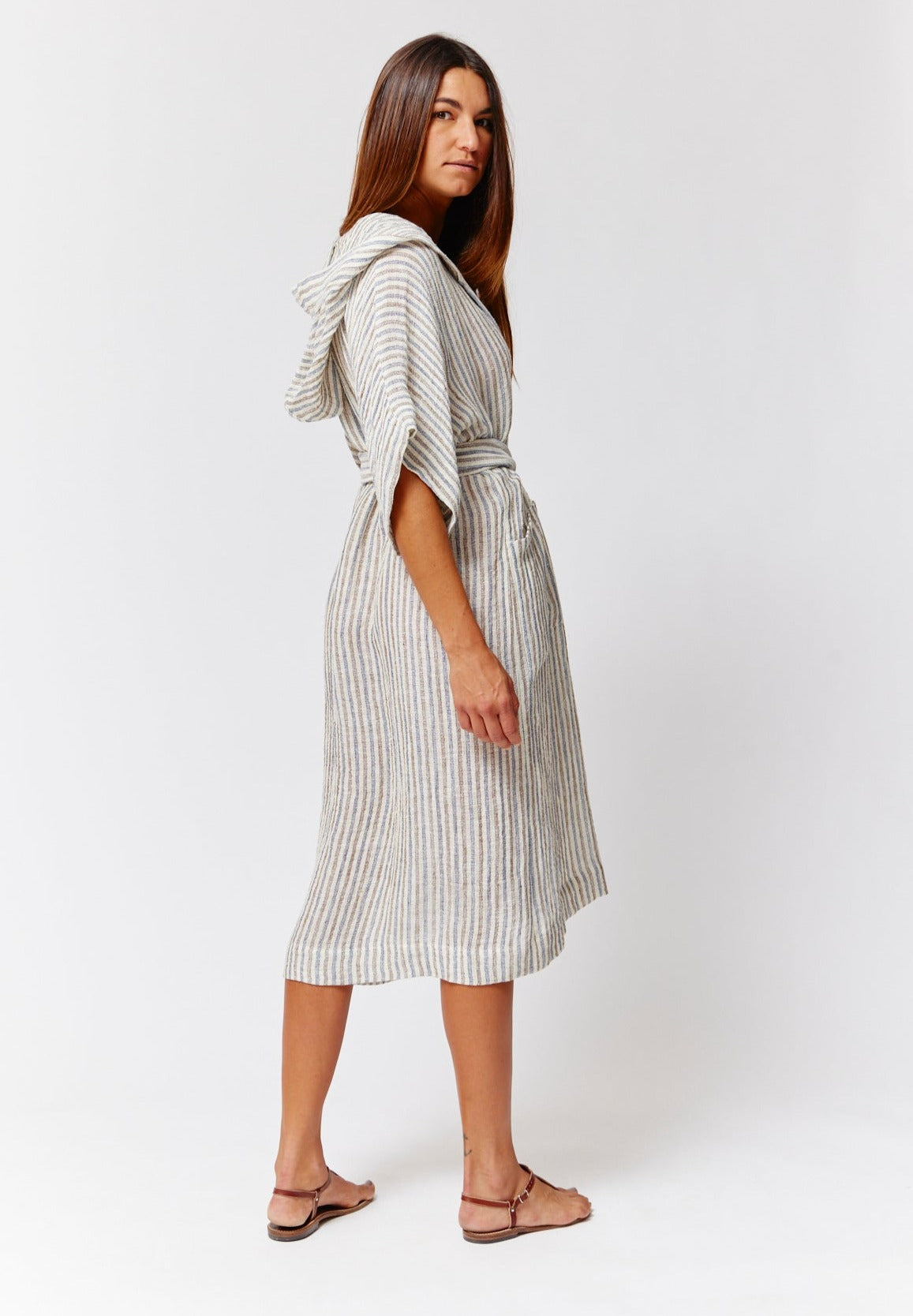 THE HOODED DRESSING GOWN in NATURAL/NAVY/BROWN STRIPED CHIOS GAUZE