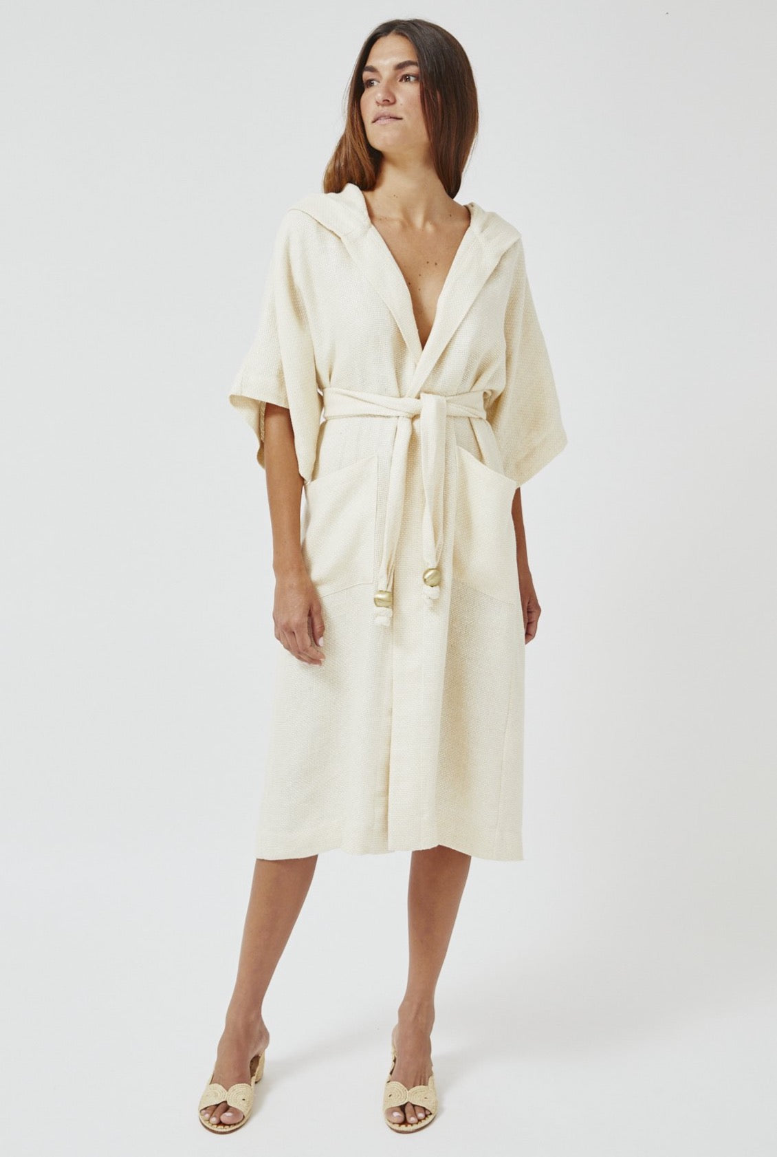 HOODED SAND HONEYCOMB LINEN DRESSING GOWN LONG