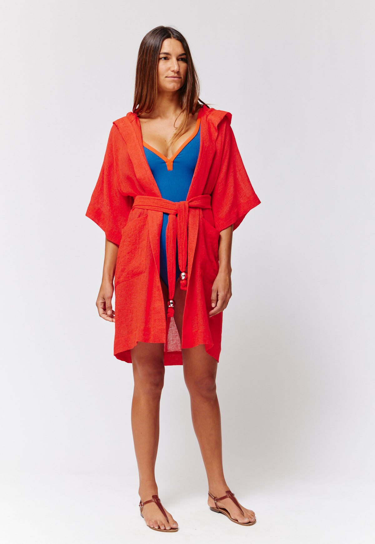 THE HOODED DRESSING GOWN in RED ORGANIC GAUZE