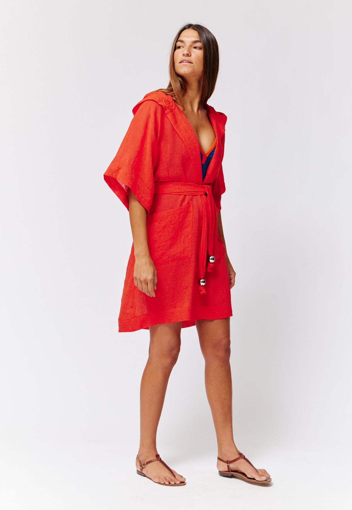 THE HOODED DRESSING GOWN in RED ORGANIC GAUZE