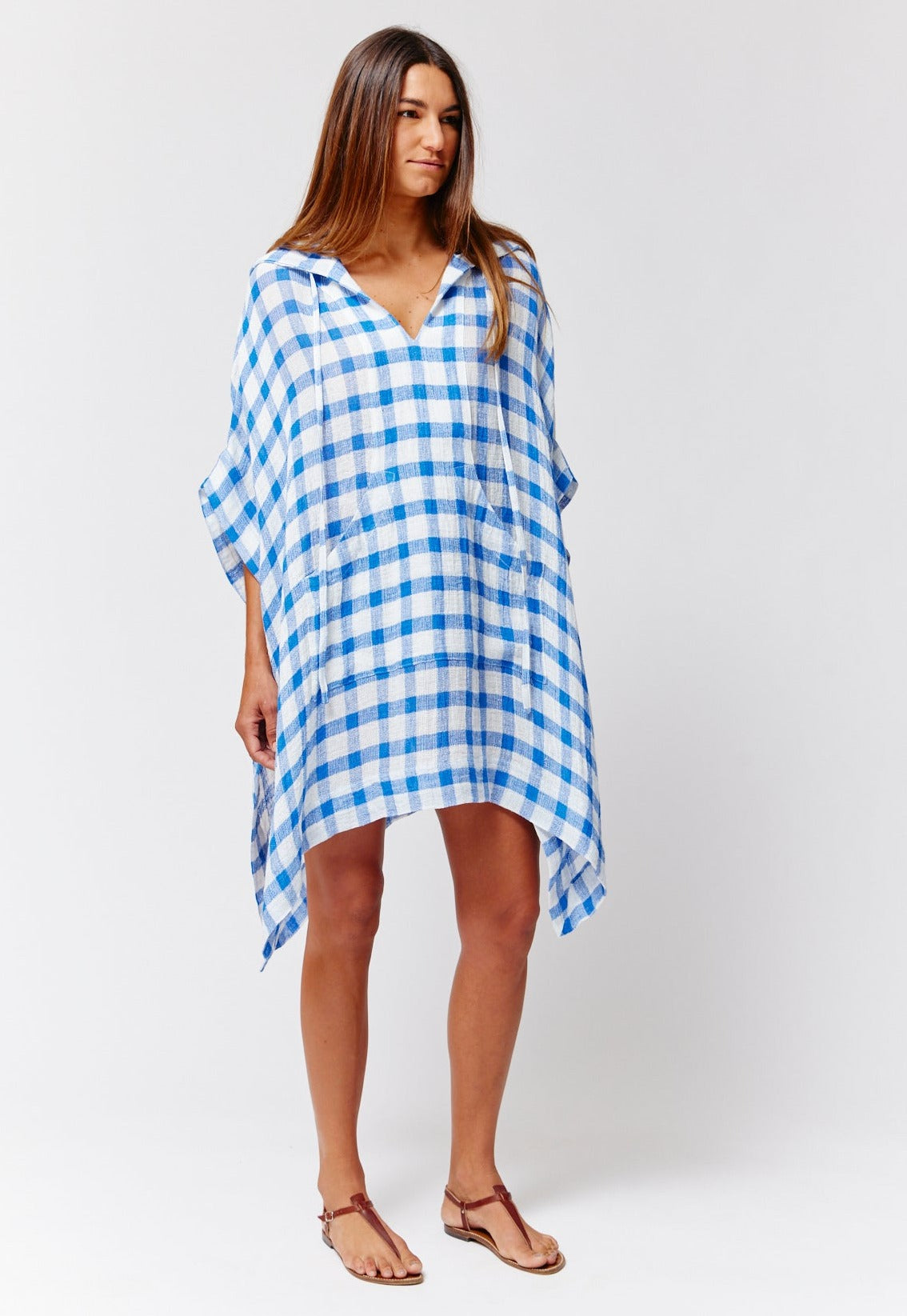 THE HOODED PONCHO in FRENCH BLUE &  WHITE GINGHAM CHIOS GAUZE