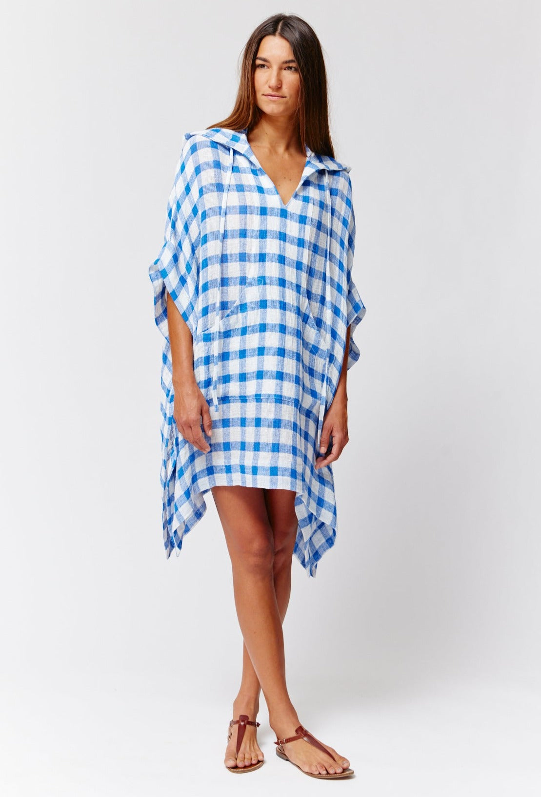 THE HOODED PONCHO in FRENCH BLUE &  WHITE GINGHAM CHIOS GAUZE