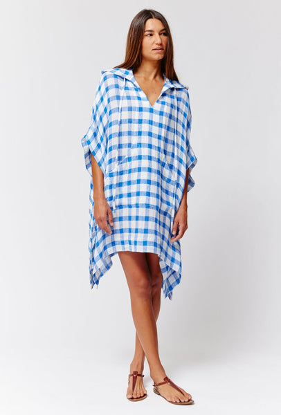 THE HOODED PONCHO in FRENCH BLUE &  WHITE GINGHAM CHIOS GAUZE