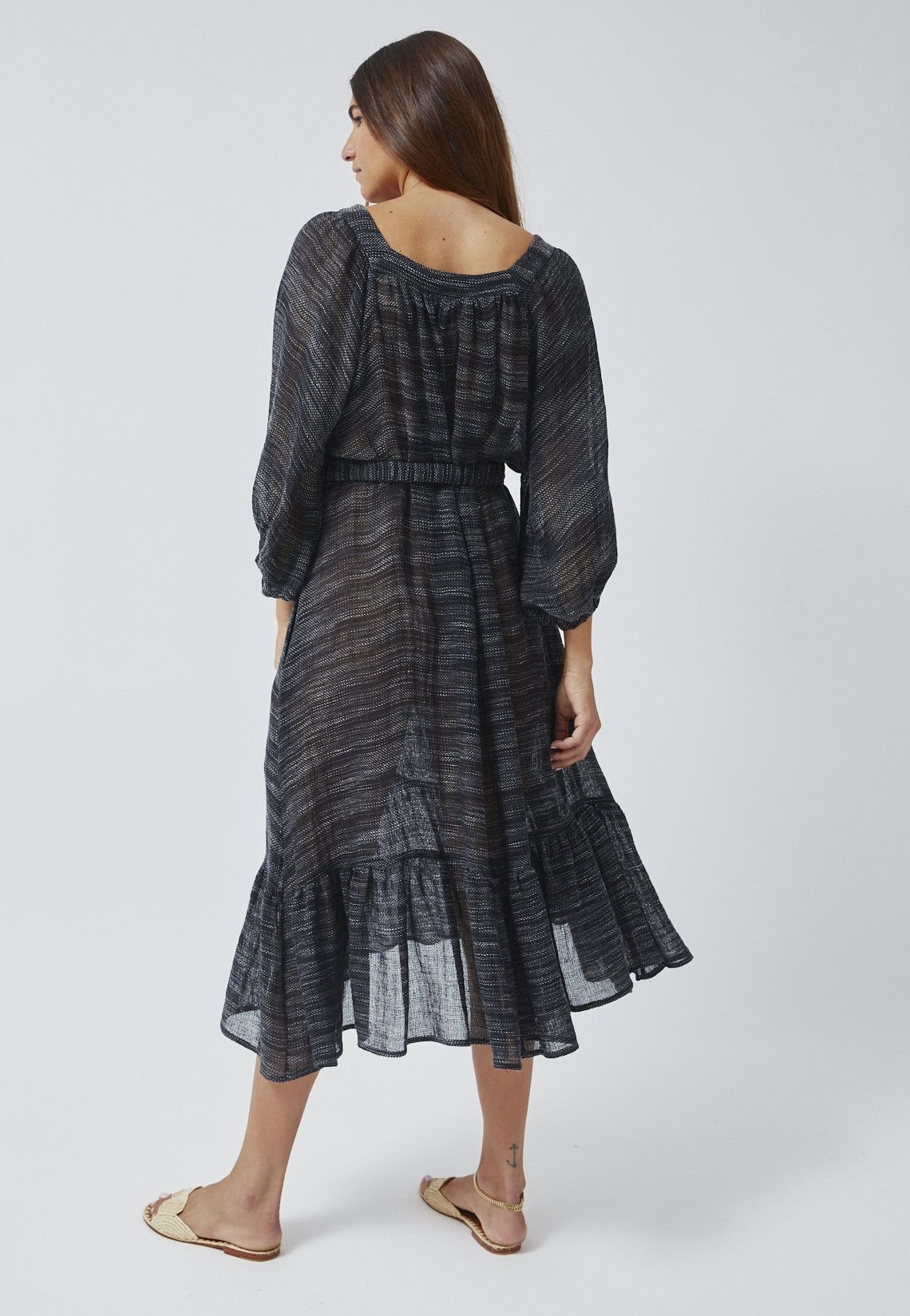 LAURE BLACK/WHITE OPEN WEAVE GAUZE DRESS