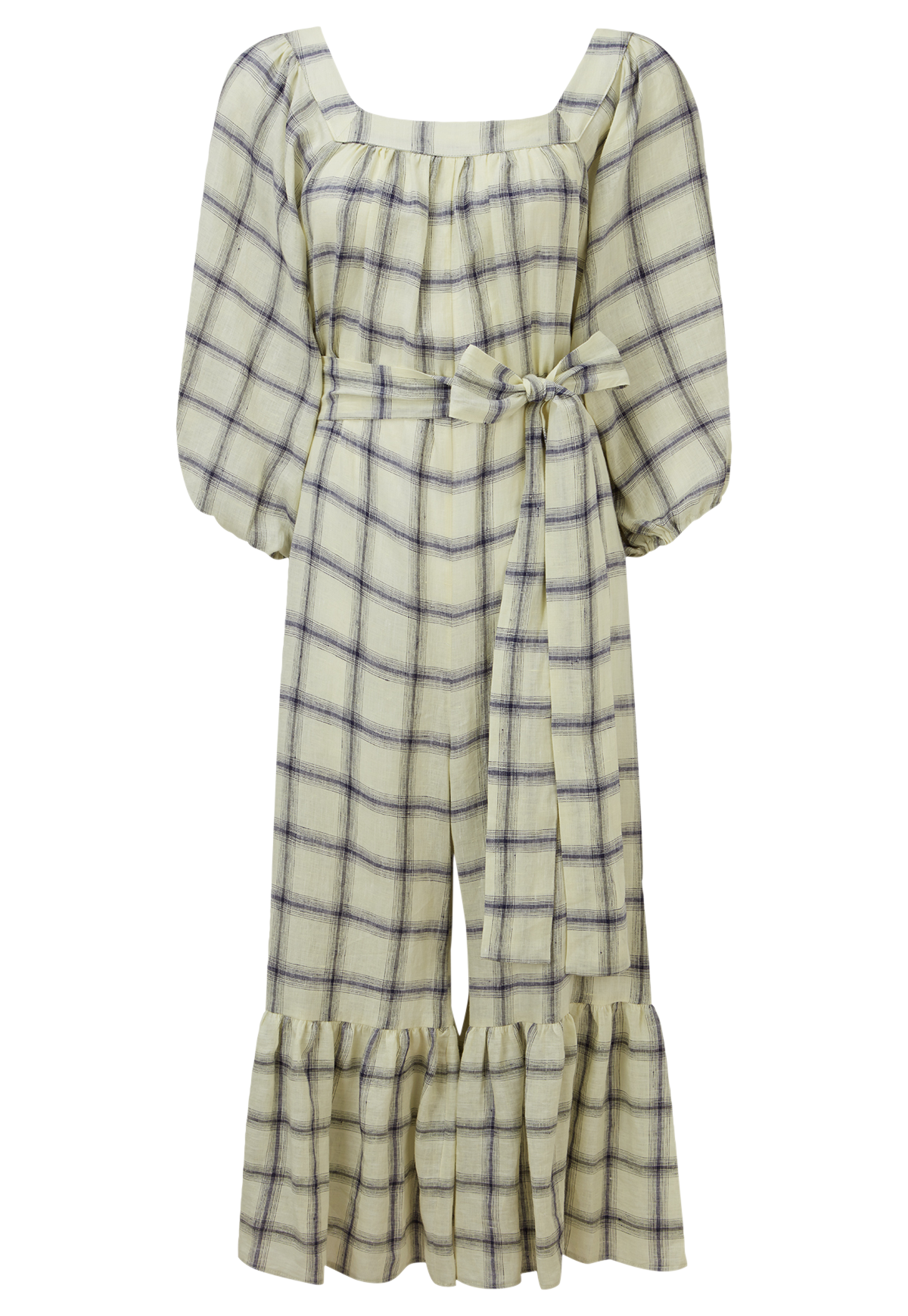 THE LAURE JUMPSUIT in BUTTER YELLOW WINDOWPANE LINEN