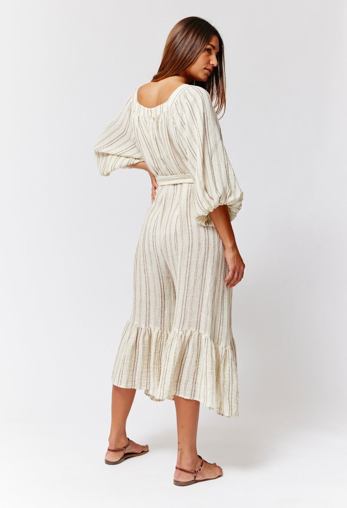 THE LAURE JUMPSUIT in NATURAL & BROWN STRIPED CHIOS GAUZE