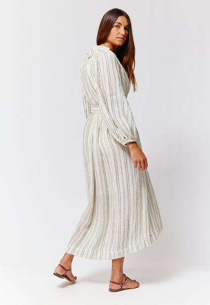 THE POET DRESS in NATURAL & NAVY STRIPED CHIOS GAUZE