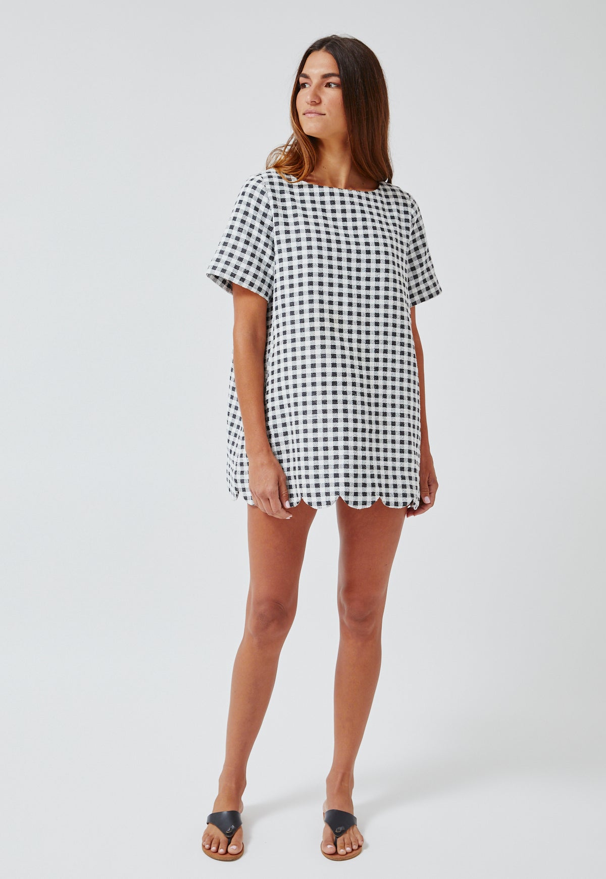 THE SCALLOP A-LINE MINI DRESS in GINGHAM BOUCLE COTTON