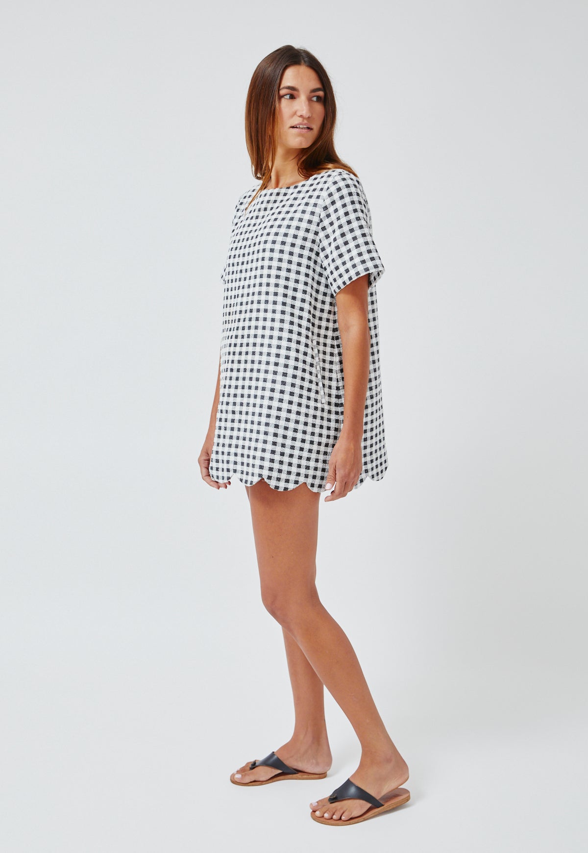 THE SCALLOP A-LINE MINI DRESS in GINGHAM BOUCLE COTTON