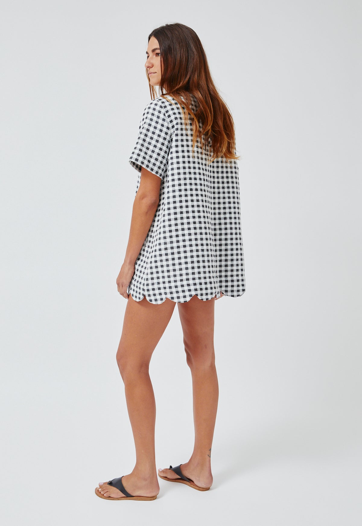 THE SCALLOP A-LINE MINI DRESS in GINGHAM BOUCLE COTTON