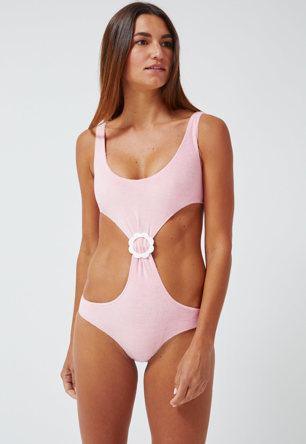 THE SCALLOP CUT-OUT MAILLOT in PINK TERRY CLOTH