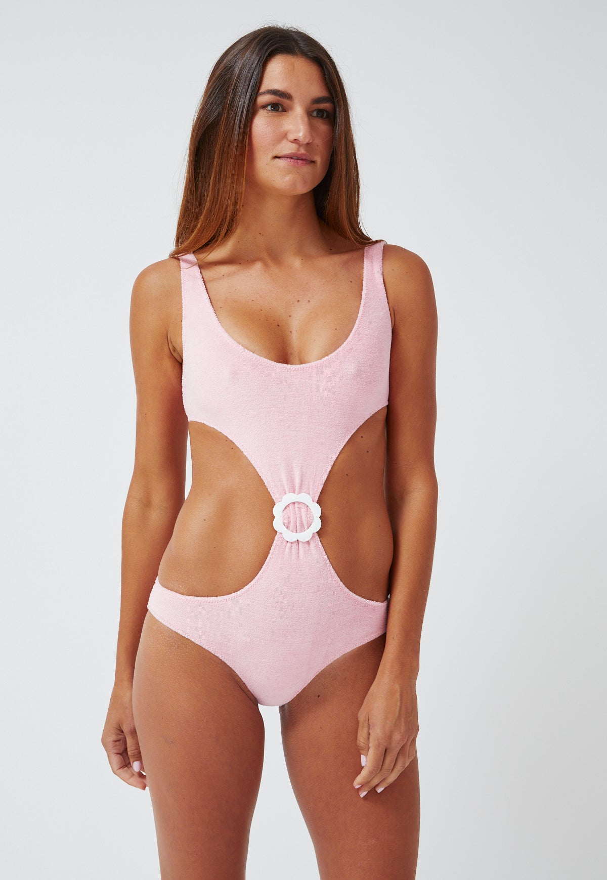 THE SCALLOP CUT-OUT MAILLOT in PINK TERRY CLOTH