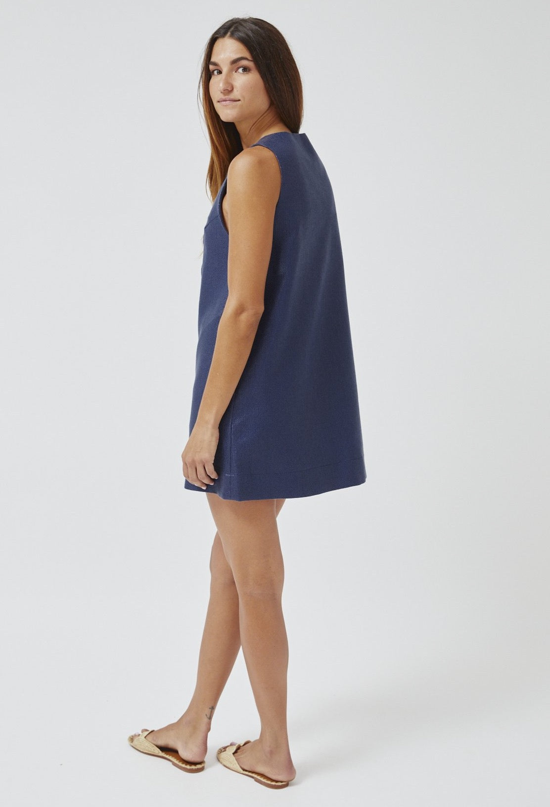 THE SCALLOP MINI DRESS in NAVY WEAVE RAFFIA