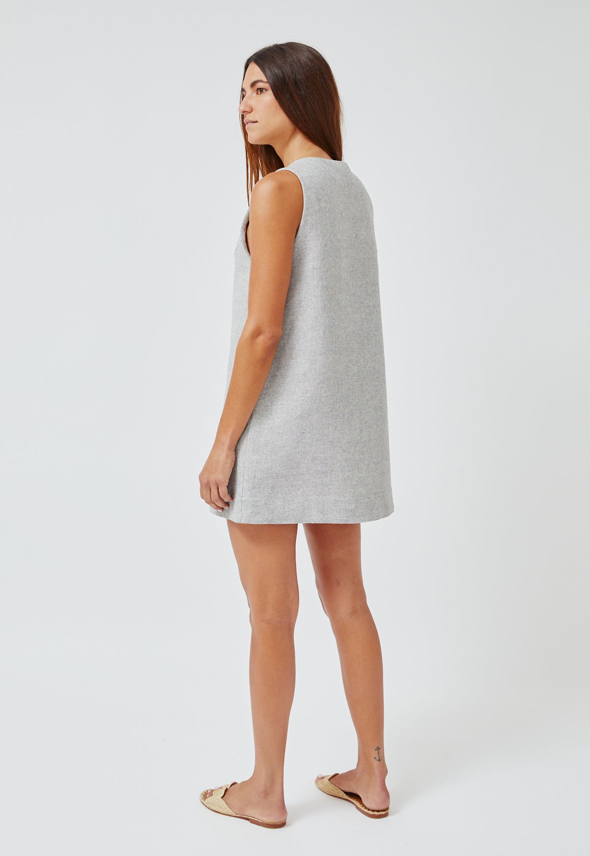 THE SCALLOP MINI DRESS in VINTAGE BLUE SUMMER TWEED LINEN