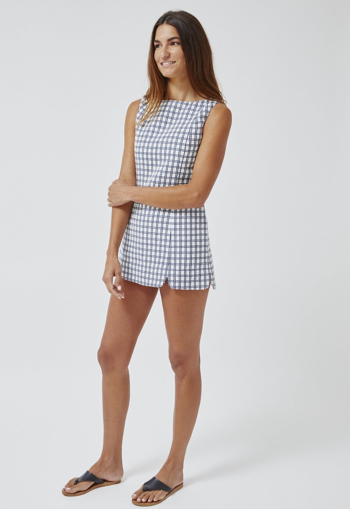 THE SCALLOP MINI DRESS w/shorts in NAVY CHECK BOUCLE COTTON
