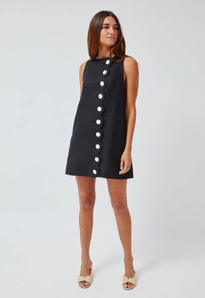 THE SCALLOP MINI DRESS in BLACK LINEN