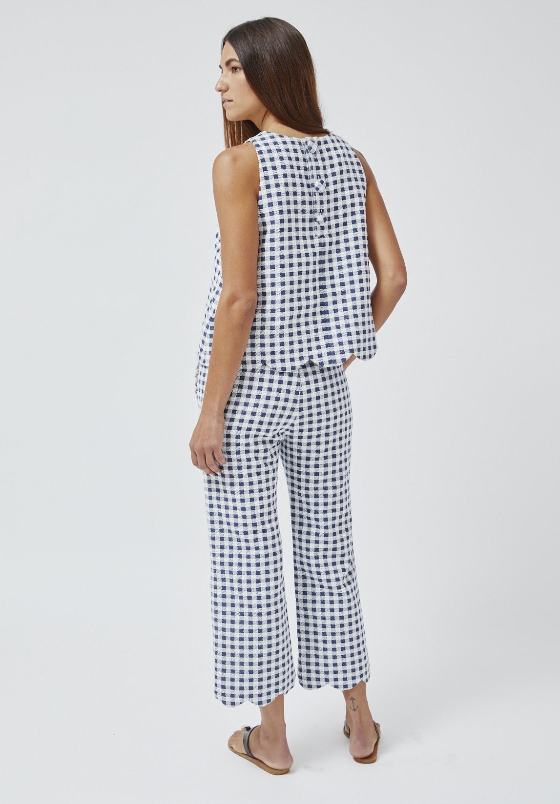 THE SCALLOP PANT in NAVY GINGHAM BOUCLE COTTON