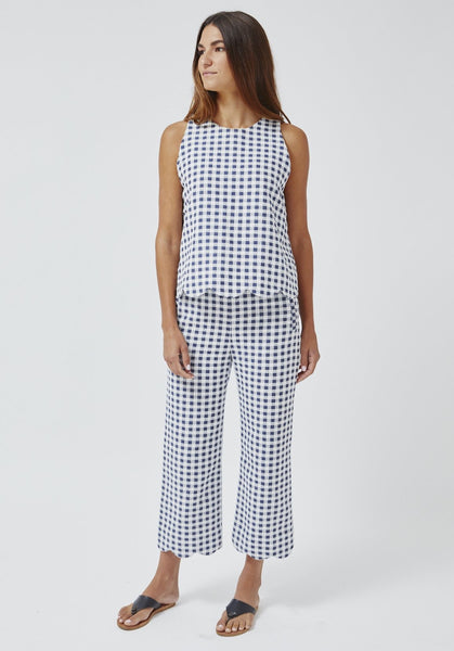 THE SCALLOP PANT in NAVY GINGHAM BOUCLE COTTON