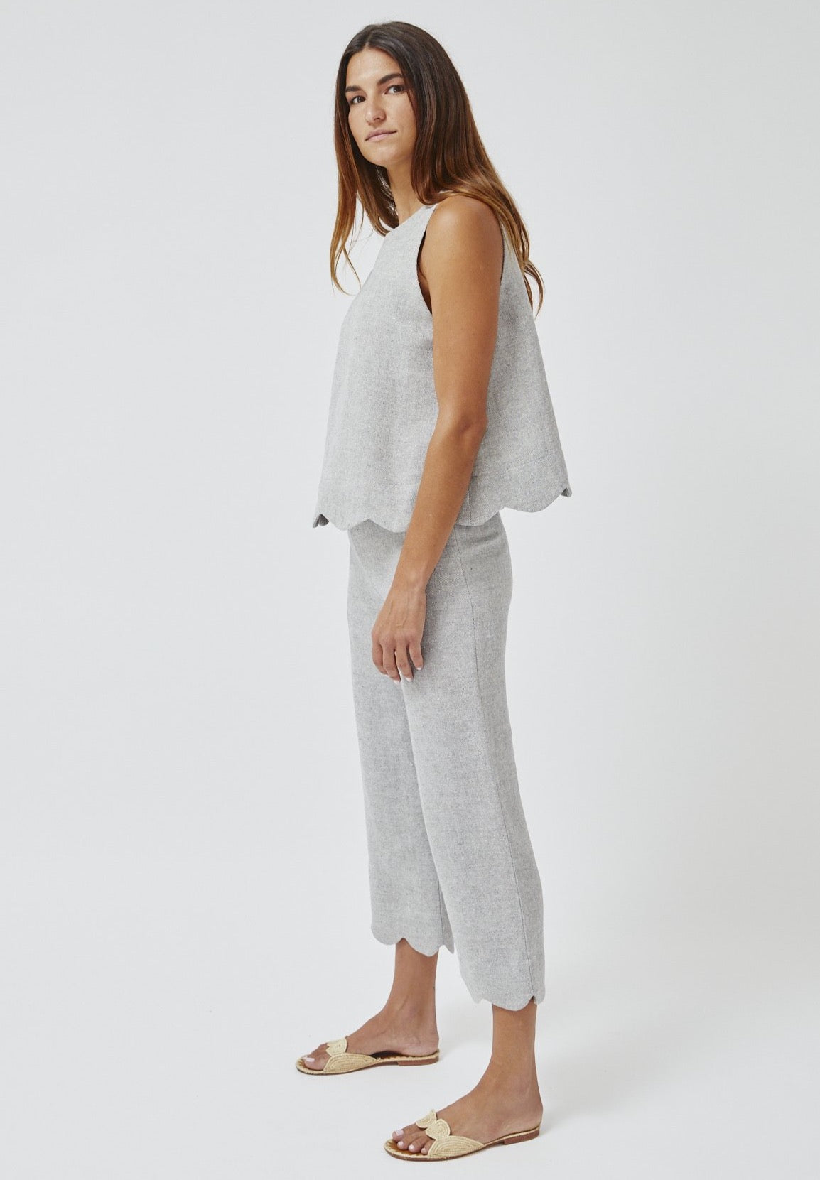 THE SCALLOP TRAPEZE TOP in VINTAGE BLUE SUMMER TWEED LINEN