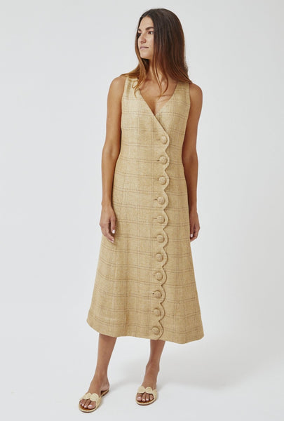 THE SCALLOP A-LINE SKIRT in NATURAL WINDOWPANE BASKETWEAVE LINEN