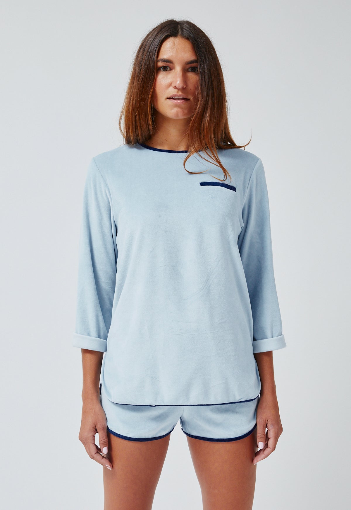 THE TENNIS TUNIC TOP in PALE BLUE TERRY CLOTH VELOUR