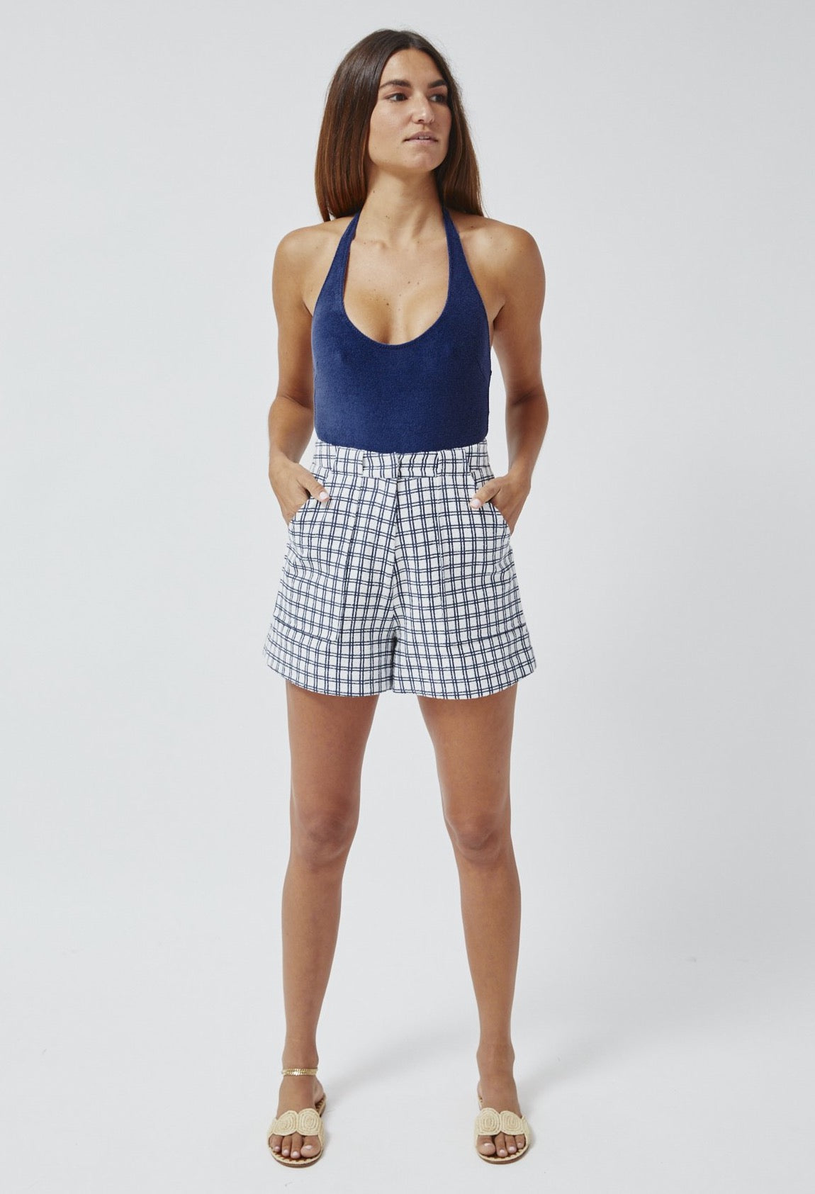 THE TENNIS SHORT in NAVY & WHITE CHECK BOUCLE COTTON