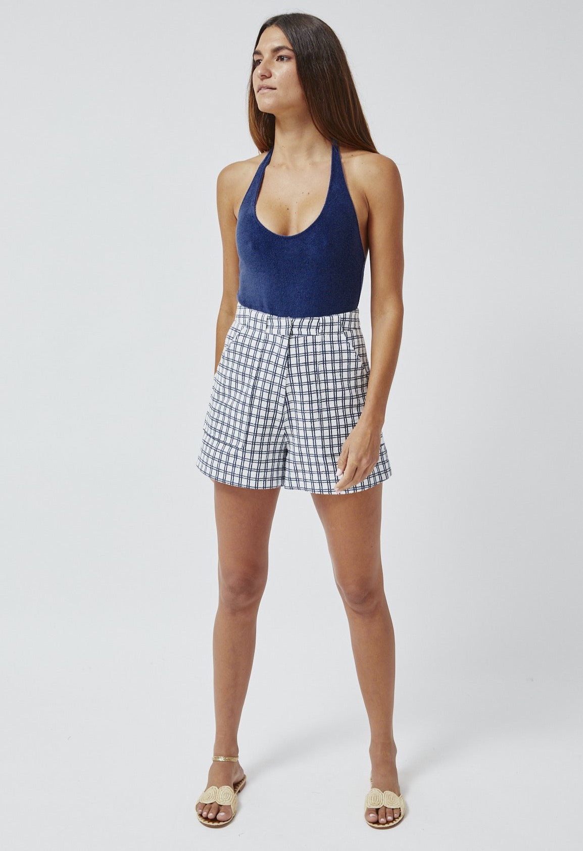 THE TENNIS SHORT in NAVY & WHITE CHECK BOUCLE COTTON
