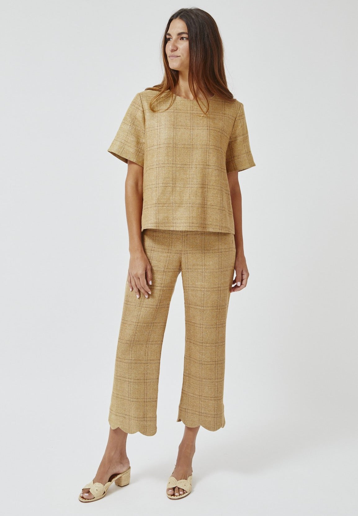 THE SCALLOP PANT in NATURAL WINDOWPANE BASKETWEAVE LINEN