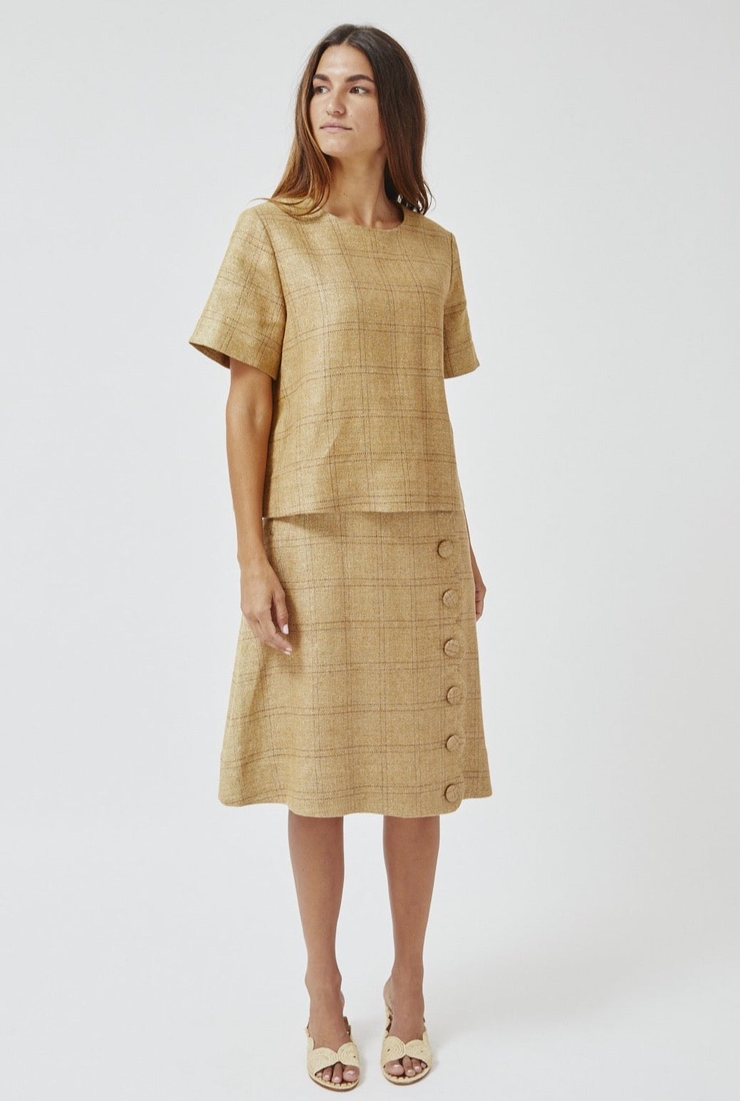 THE TRAPEZE T-SHIRT in NATURAL WINDOWPANE BASKETWEAVE LINEN
